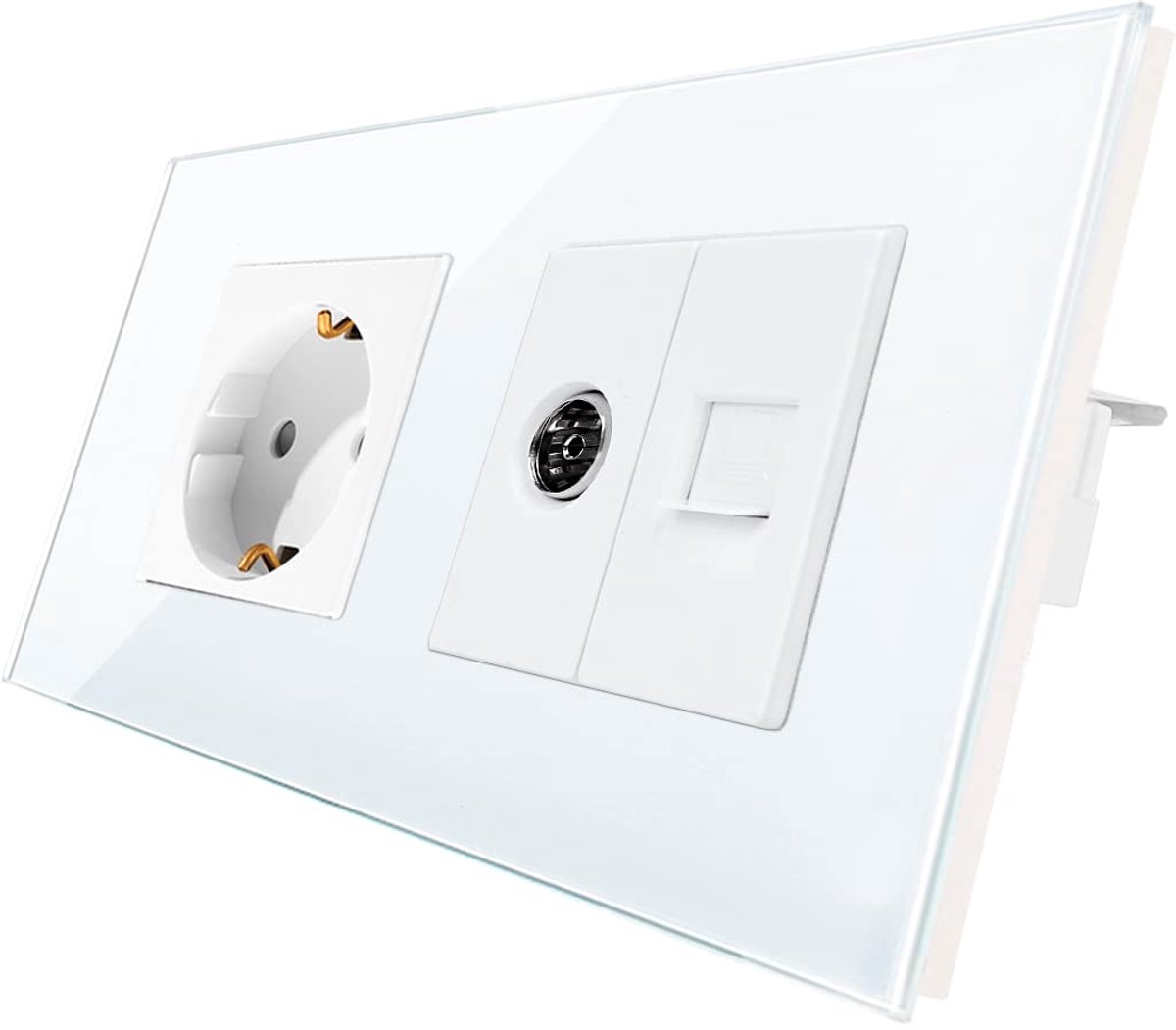 Schuko-inbouwstopcontact, met glazen frame, inbouwstopcontact, met combinatie CAT6-netwerkkabel tv, enkel stopcontact, wandcontactdoos, enkelvoudig, wit