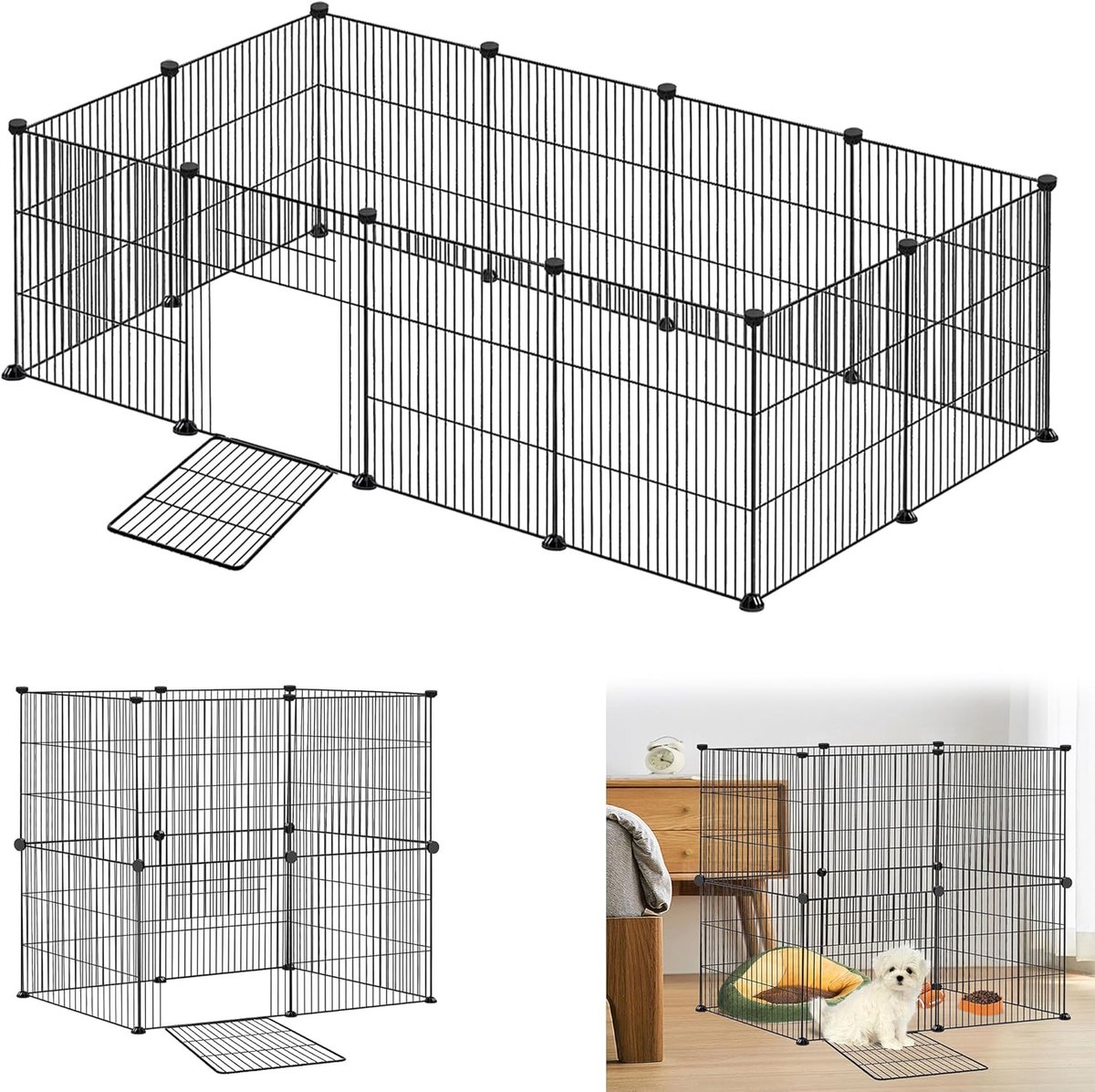Buitenhok voor konijnen, huisdieren loophok, metalen gaas omheining, hondenhok, kleindierenkooi, cavia's kooi voor binnen en buiten (Zwart, 12-delig met deuren 142x72x36cm)