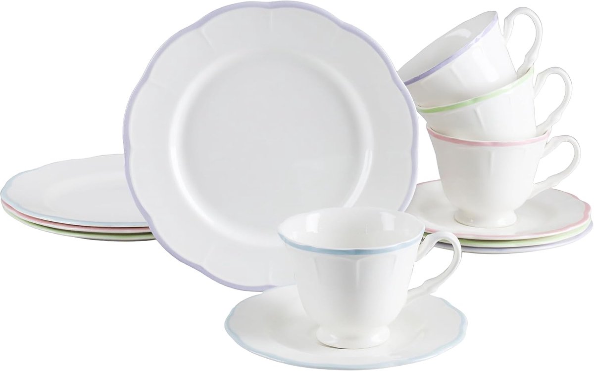 24843, Florine, 12-delige serviesset voor 4 personen, koffieservies van aardewerk, vaatwasser- en magnetronbestendig, kwaliteitsproductie