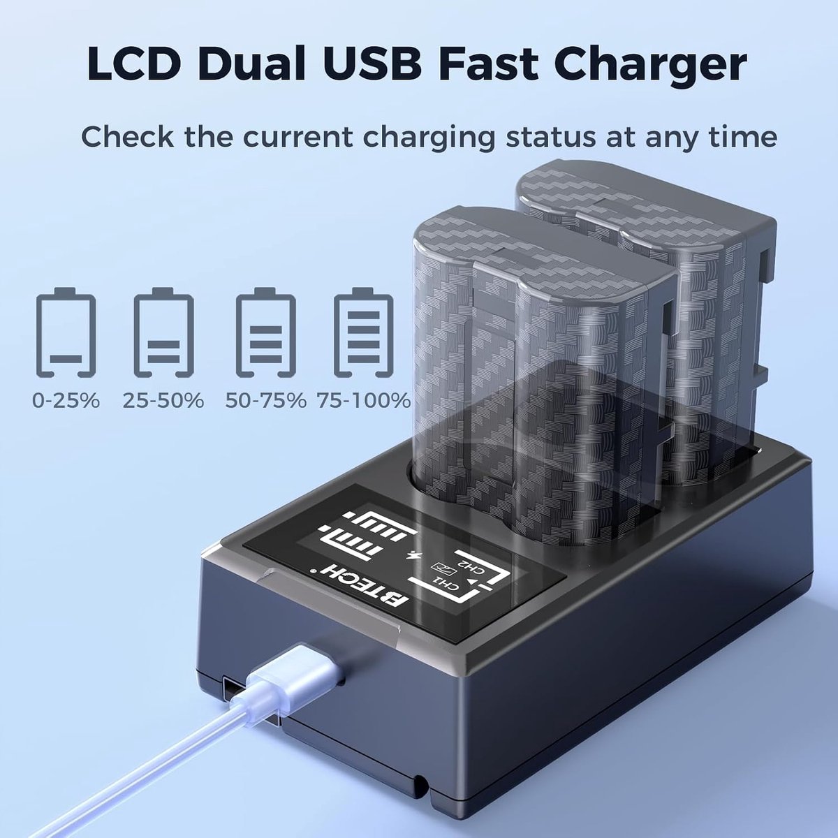 BTECH EN-EL15C Accu 2600mAh 2-pack met 18W LCD dubbele snellader, compatibel met Nikon Z5, Z6, Z7, Z8, Zf, D850, D810 - ShopVlot