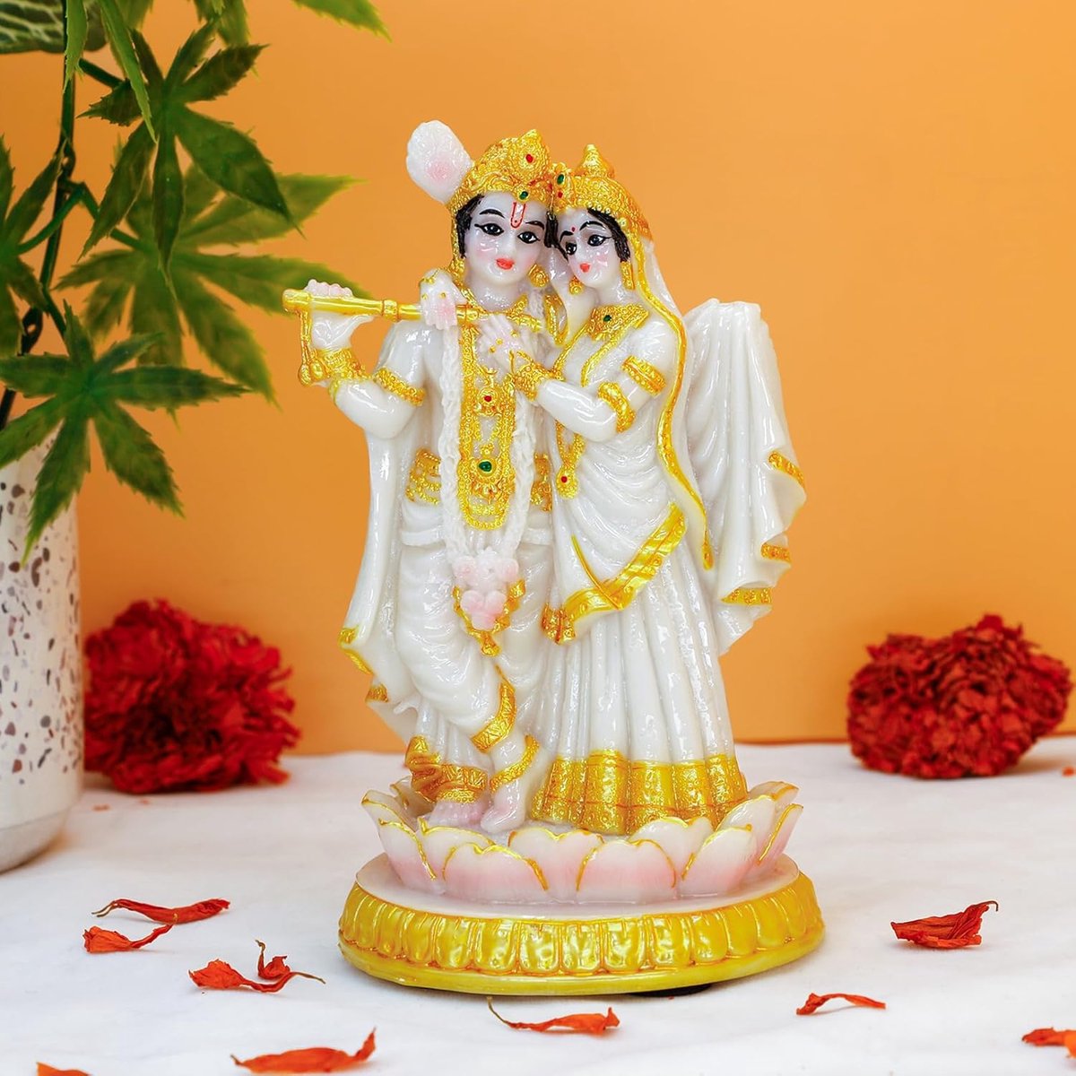 BangBangDa Hindu God Radha Krishna Statue - 14.5cm H Marble Color India Murti Pooja Item for Indian Couple Valentine's - ShopVlot