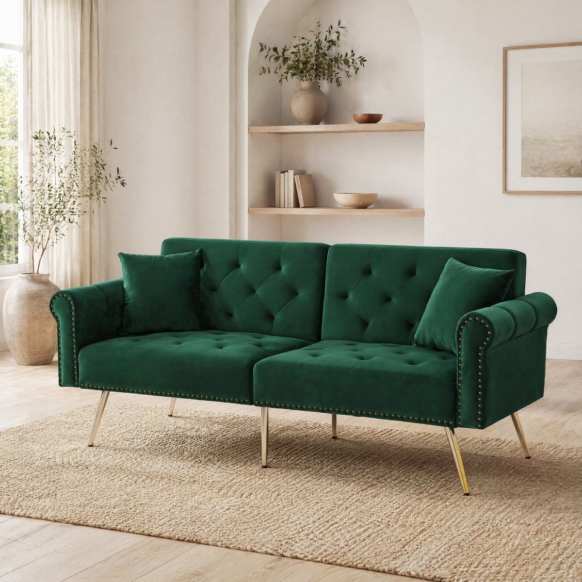 MEUNIQ 2-zits slaapbank 173 x 75 x 70 cm met verstelbare rugleuningen, fluwelen bekleding, gouden metalen poten en 2 kussens voor woonkamer, groen