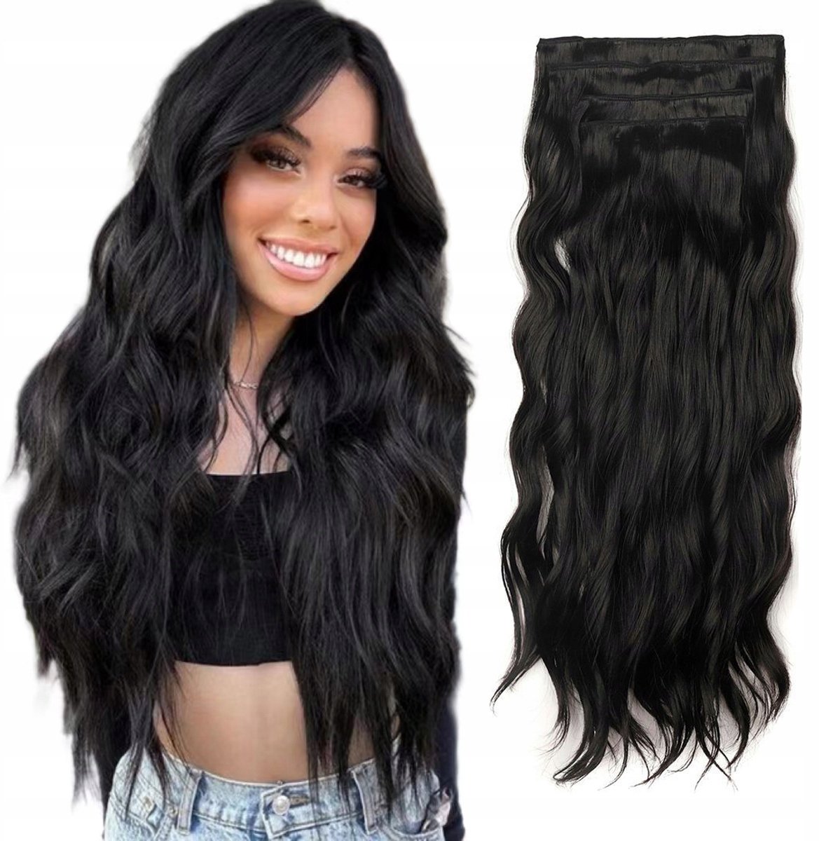 55cm Golvende Synthetische Clip-in Haarverlengingen - Zwart