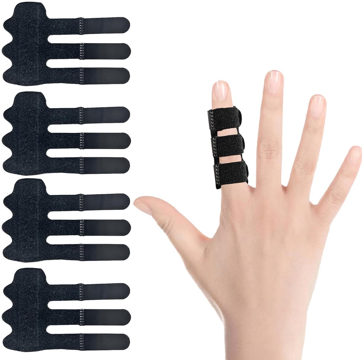 Universele 4-delige set triggerfingerspalken voor het stabiliseren van vingergewrichten, het verlichten van artritis en het behandelen van blessures, verstuikingen en breuken. Geschikt voor wijsvinger, middelvinger en ringvinger. Zwart.