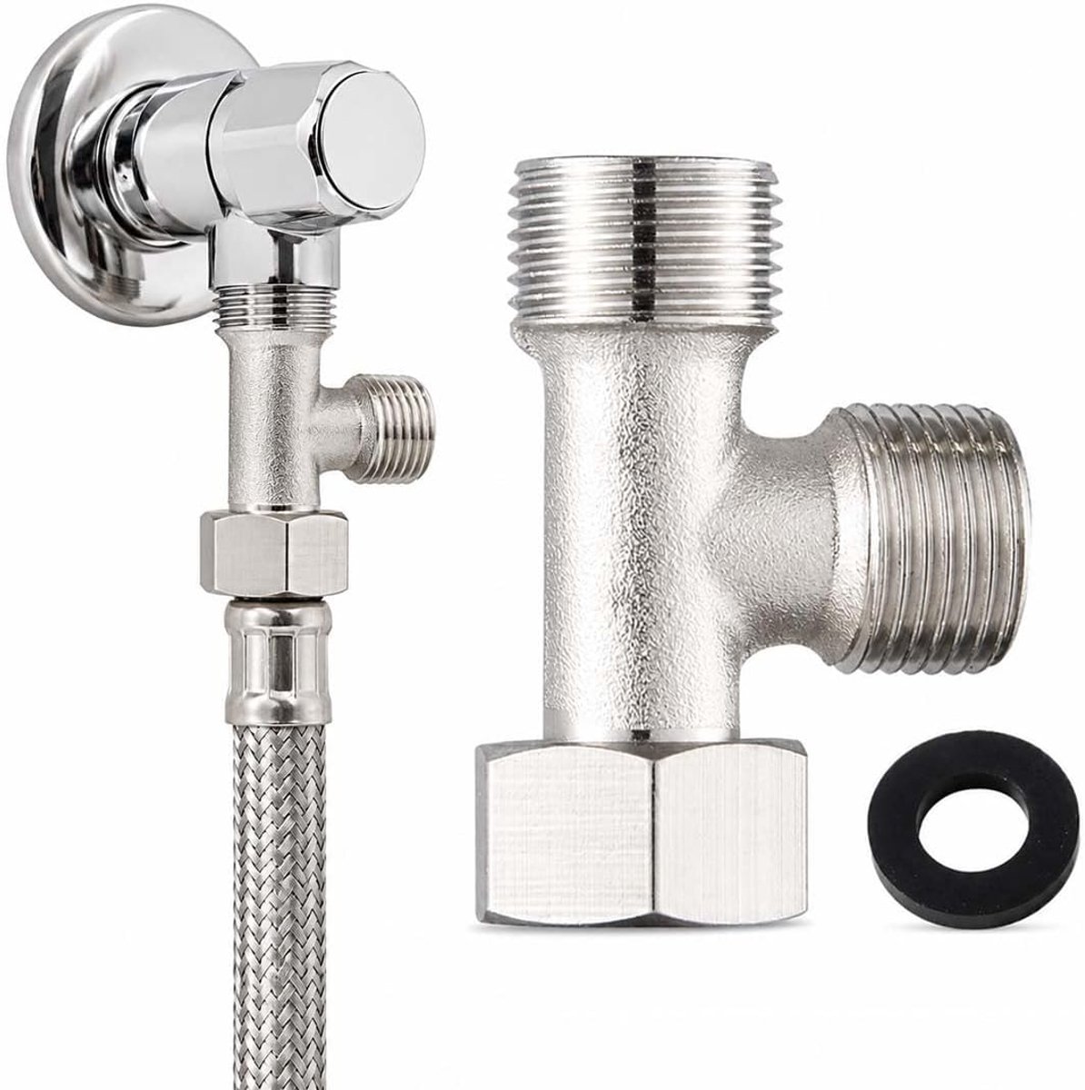 3-weg T-kraan koperen slangadapter 3/8 naar 1/2 inch - driezijdige afvoerkraan - geschikt voor sanitair installaties - SnelShoppen
