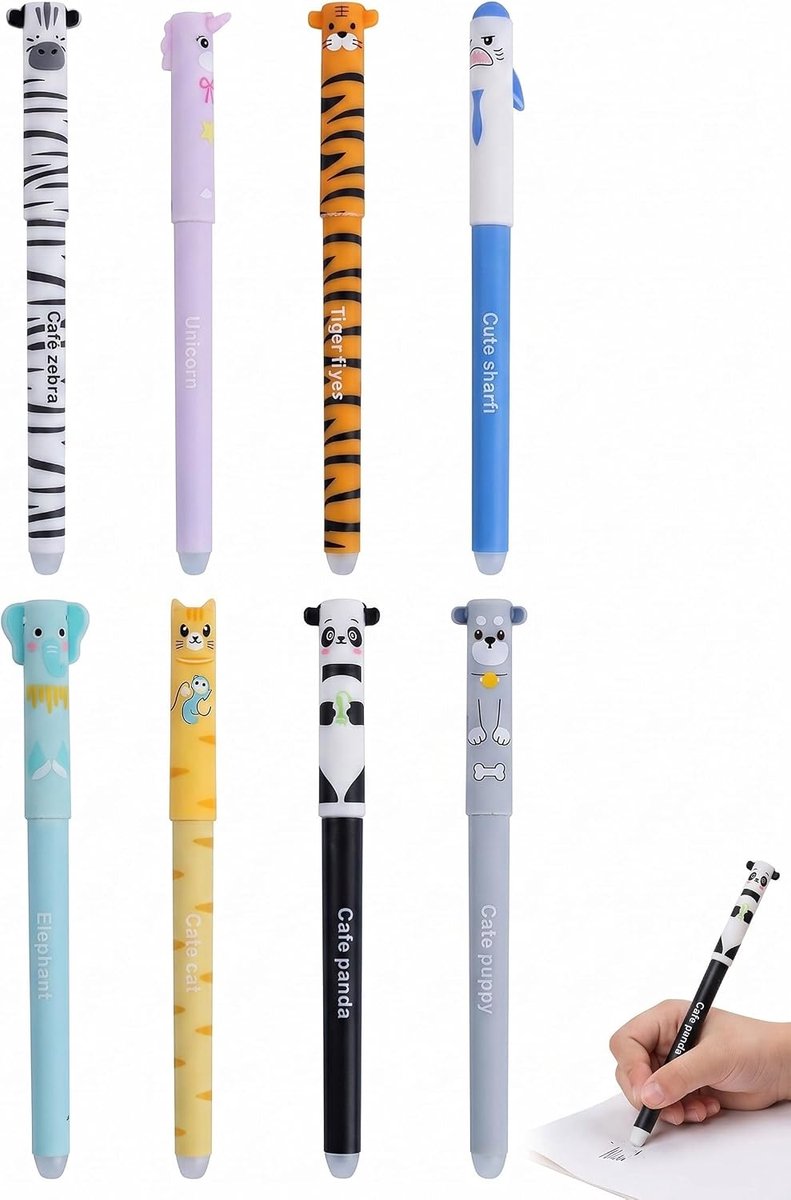 Uitwisbare pennen 8 stuks - dierenvorm - 6 zwart + 2 blauw - veilig voor kinderen - ideaal voor school en notities - SnelShoppen