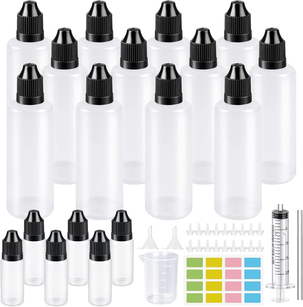Vloeistofflessen 120ml - 12 Stuks + Druppelfles 6x10ml - Compleet met Meetbeker en Spuit - SnelShoppen