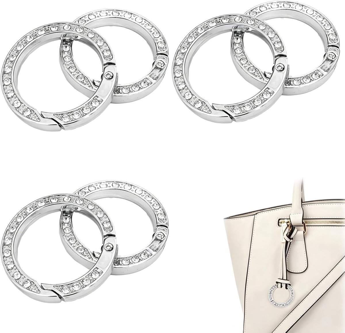 Sleutelhangers glitterstenen 6 stuks - ronde karabijnhaken - gouden metalen O-ringen - ideaal voor tas en sleutels - SnelShoppen