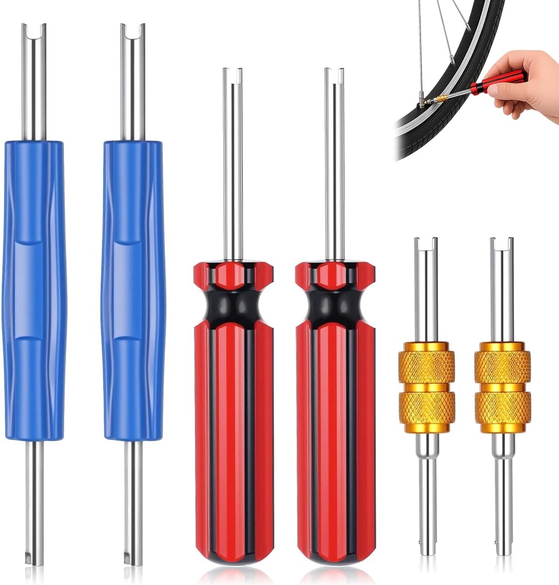 Ventieluitdraaier en ventielsleutel set - 6 stuks - ABS en metaal - ergonomisch handvat - ideaal voor bandreparatie - SnelShoppen