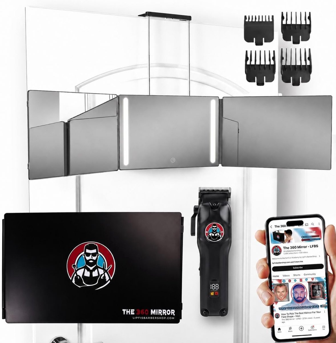 360 LED spiegel met tondeuse - 3-weg kappersspiegel - draadloos met 3u batterij - voor nauwkeurig zelf knippen - ShopVlot