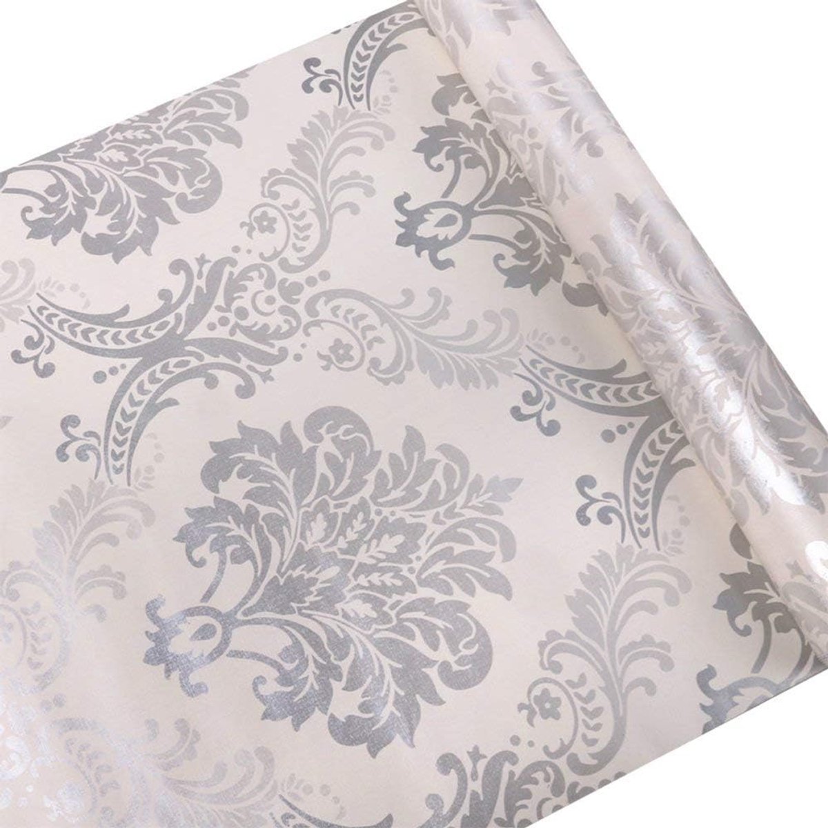 Behang zilver damast 45cm x 300cm - zelfklevend PVC - eenvoudig te verwijderen - ideaal voor decoratie - ShopVlot