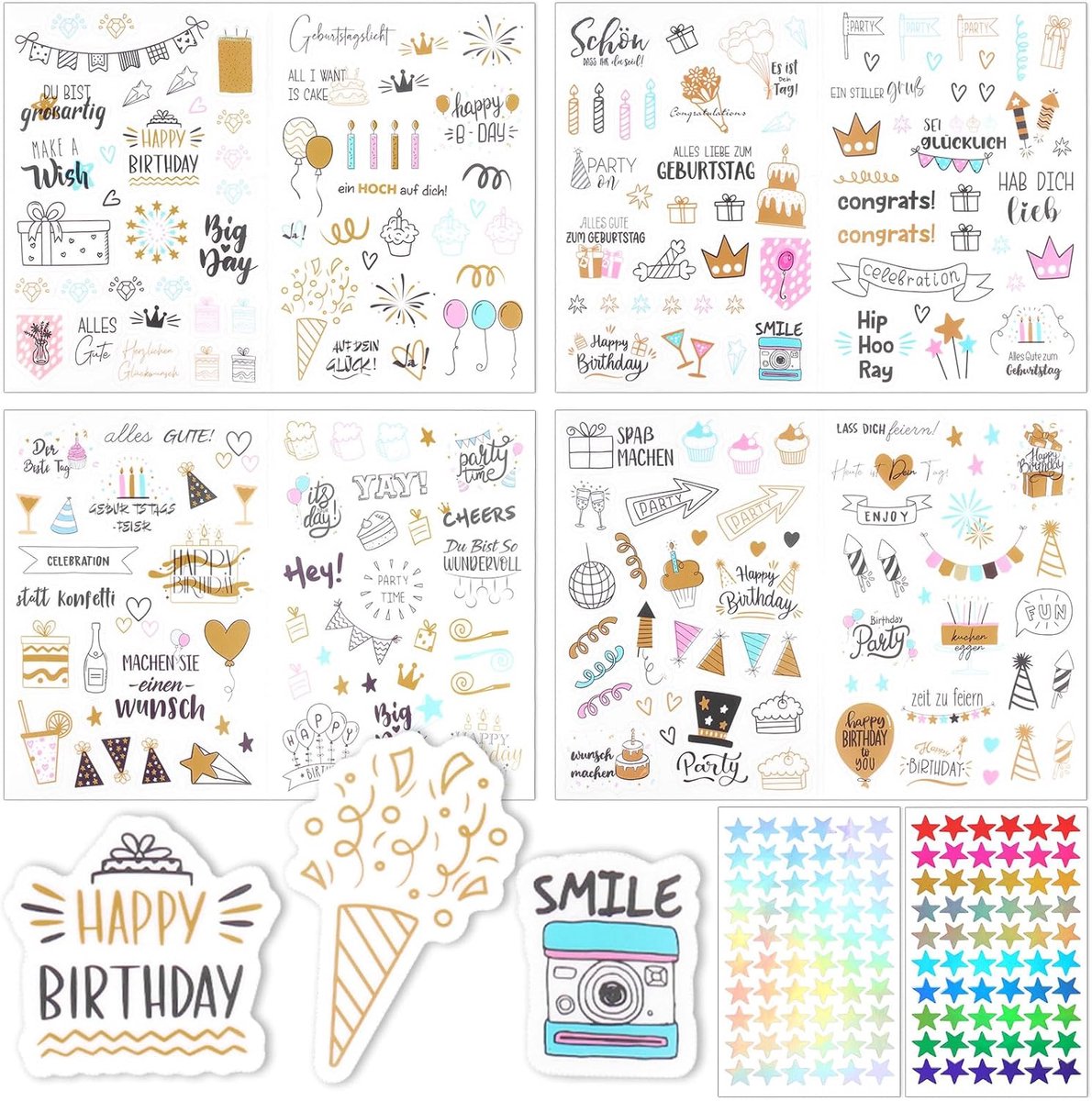 Verjaardagsstickers 6 stuks - glanzende sterstickers - gastenboek A4 - feestelijke decoratie - ShopVlot