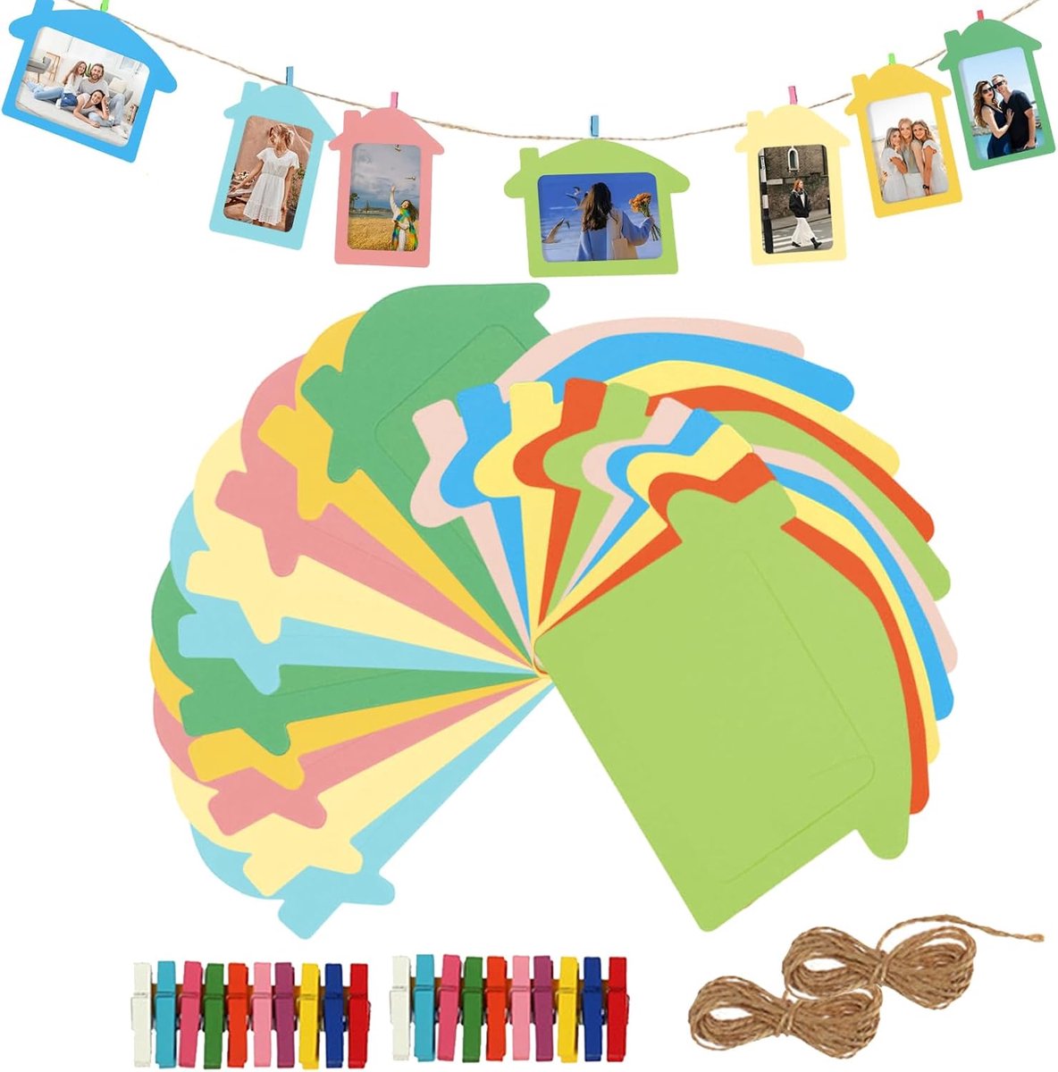 Fotolijst set 20 stuks - kleurige vormen - met 20 clips en 2 touwen - voor creatieve wanddecoratie - ShopVlot