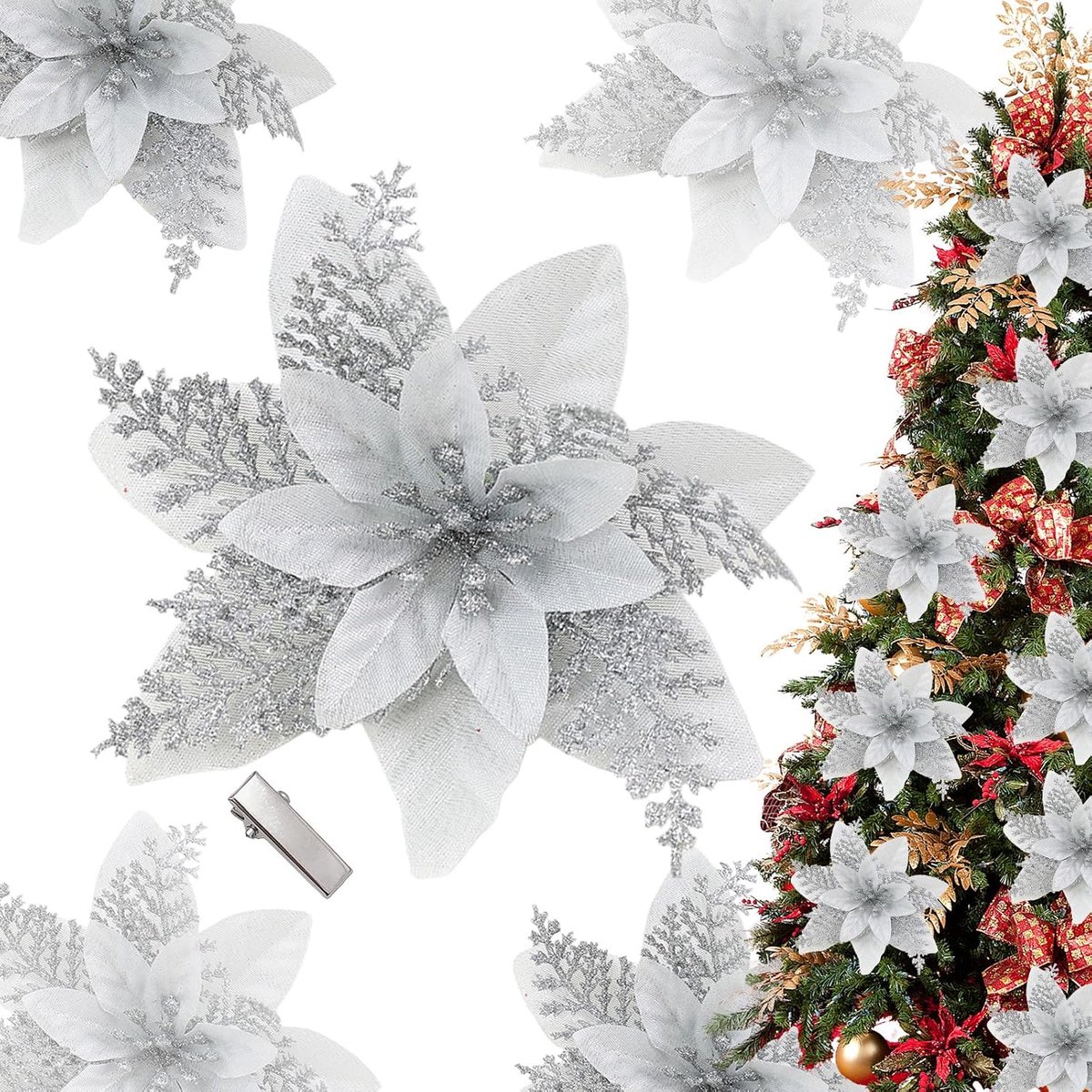 Kerst Poinsettia bloemen decoraties 14,5 cm - kunstmatig met glitter - 20 stuks voor kerstboom en krans - ShopVlot