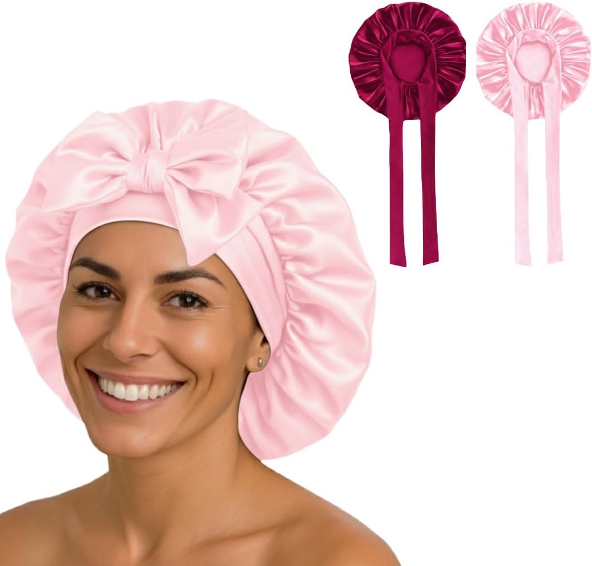 Slaapmuts 2 Stuks - Trekkoord Satijn Dubbel Laag - Curl & Anti-lint Bescherming - Extra Groot 36 cm, Burg-Pink - ShopVlot