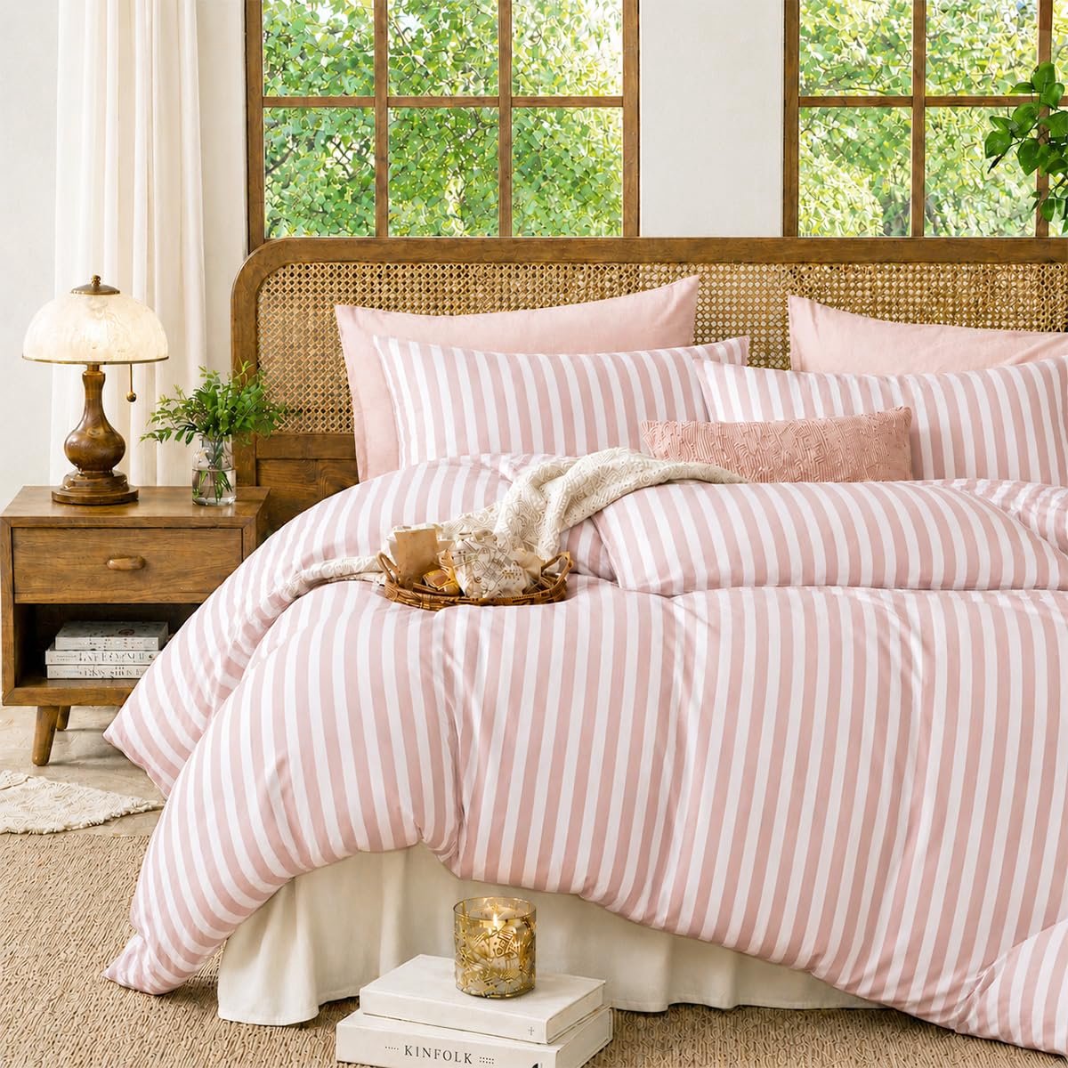 Beddengoed 135 x 200 cm - roze wit gestreept - microvezel - zacht dekbedovertrek met ritssluiting - ShopVlot