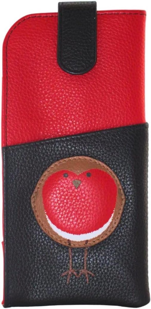 Bril etui breed - echt leer - rood en zwart - met drukknoop en penhouder - ShopVlot