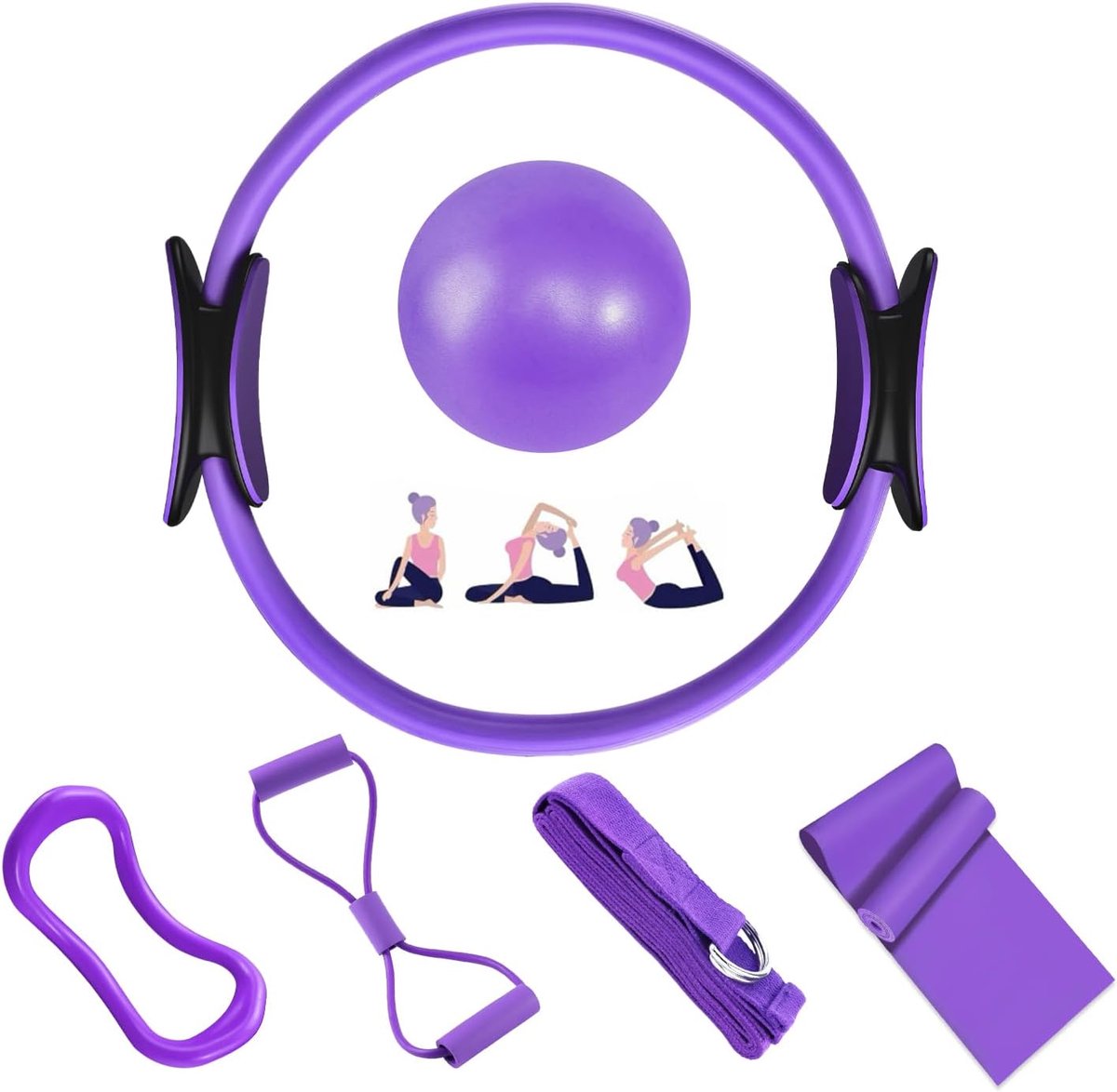 Pilates ring set 6-delig - met dubbele handgreep - voor thuis workout - veelzijdige fitnessaccessoires - ShopVlot