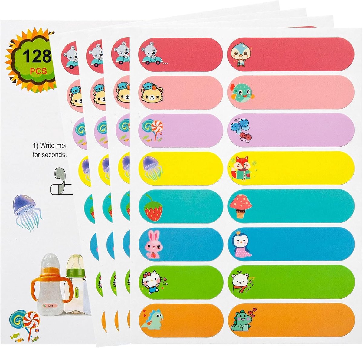 Flessenlabels voor Kinderen 128 PCS - Waterdicht en Zelflaminerend - Voor Lunchbox en Sippy Cup - ShopVlot