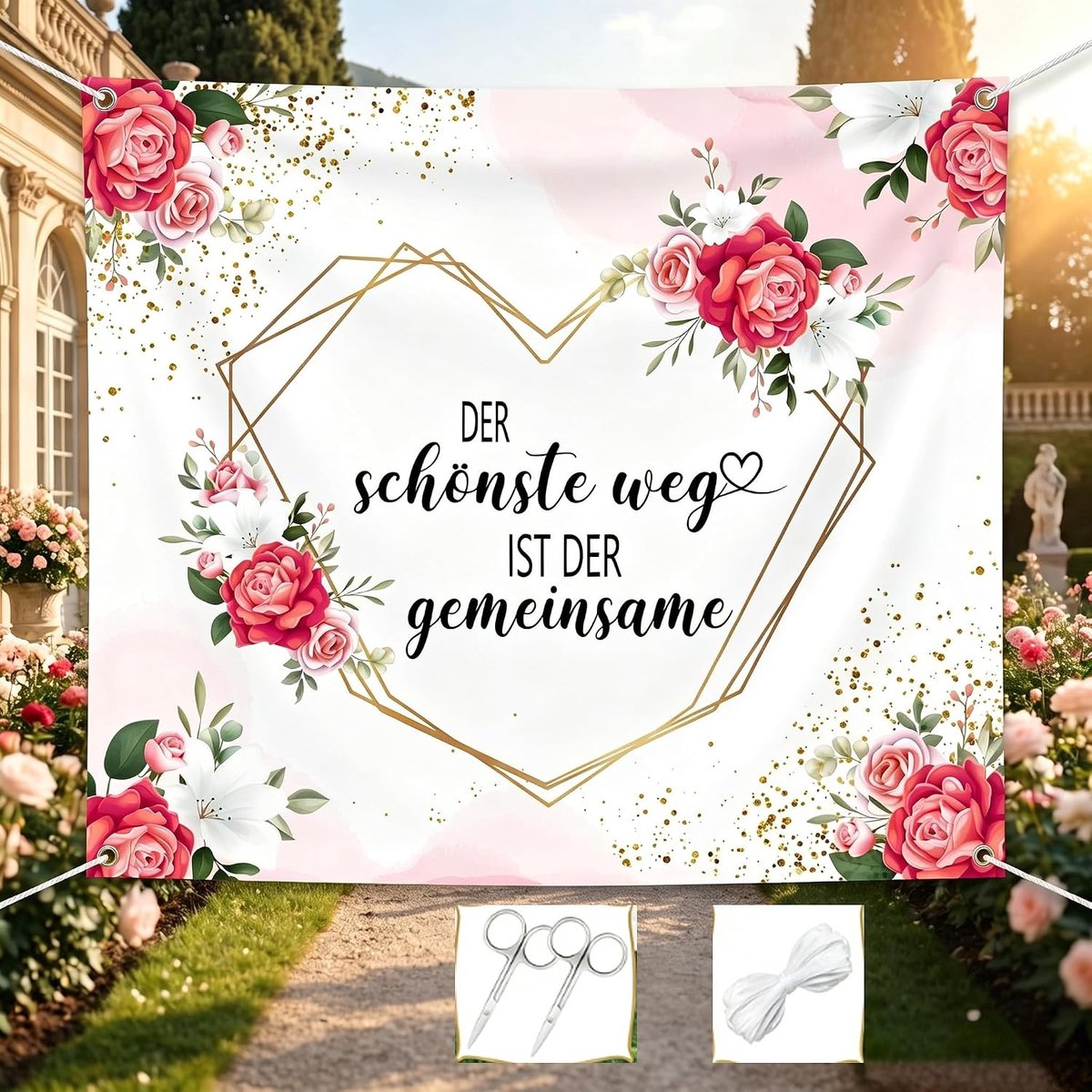 Bruiloftshart om op te snijden 200 x 180 cm - boheems design - met 2 scharen - perfect als bruiloftsspel - ShopVlot