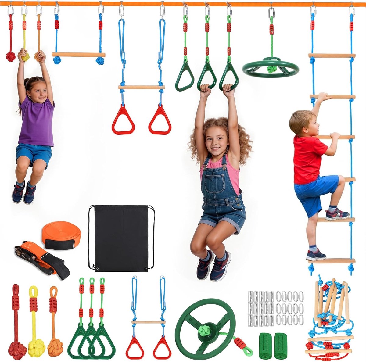 Slackline set voor kinderen 15m - Ninja hindernisbaan - Compleet met ladders en ringen - Verbeter fysieke conditie - ShopVlot