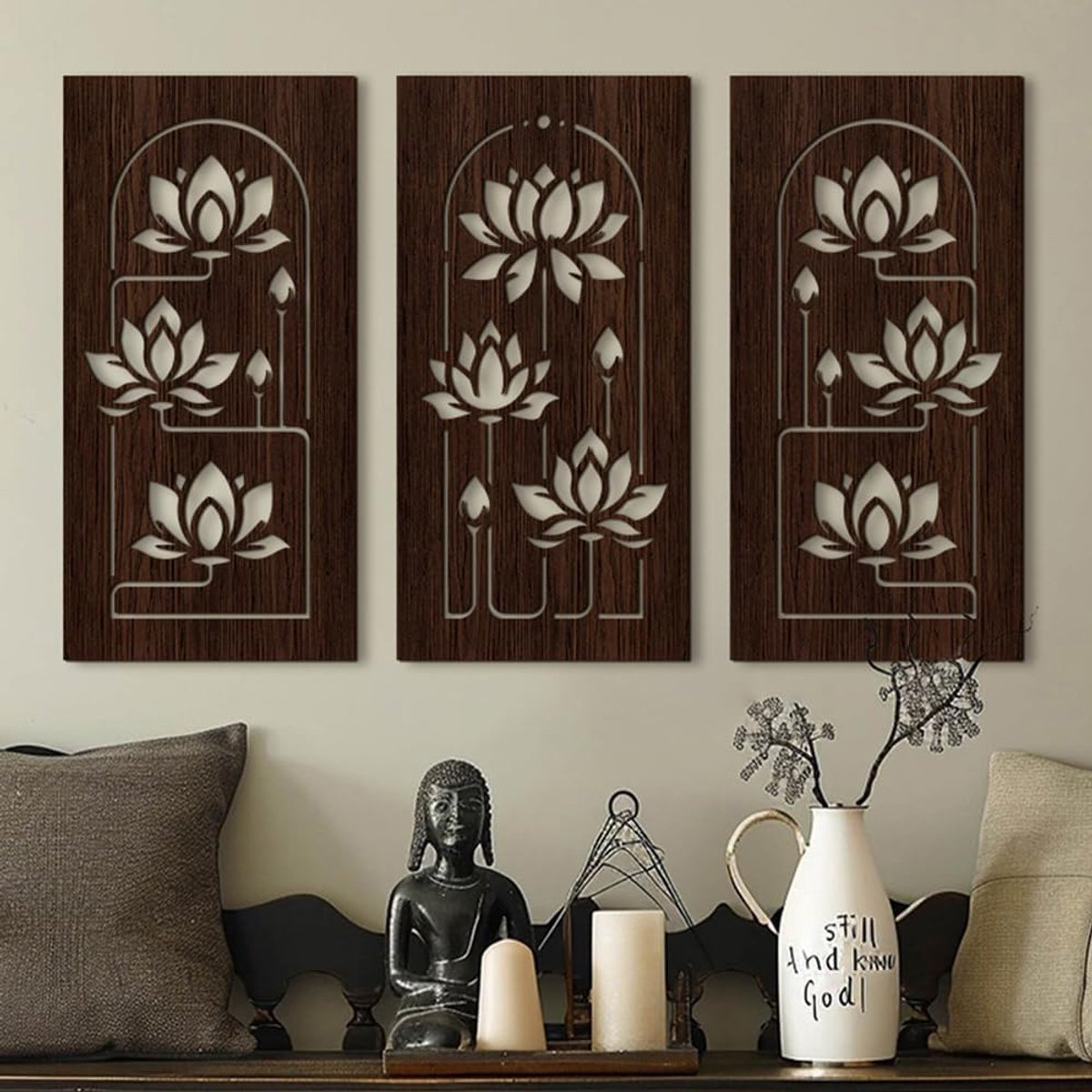 Muurdecoratie 3-delige set - Retro houten lotusbloem - Boho stijl - Verfraai je woonkamer - ShopVlot