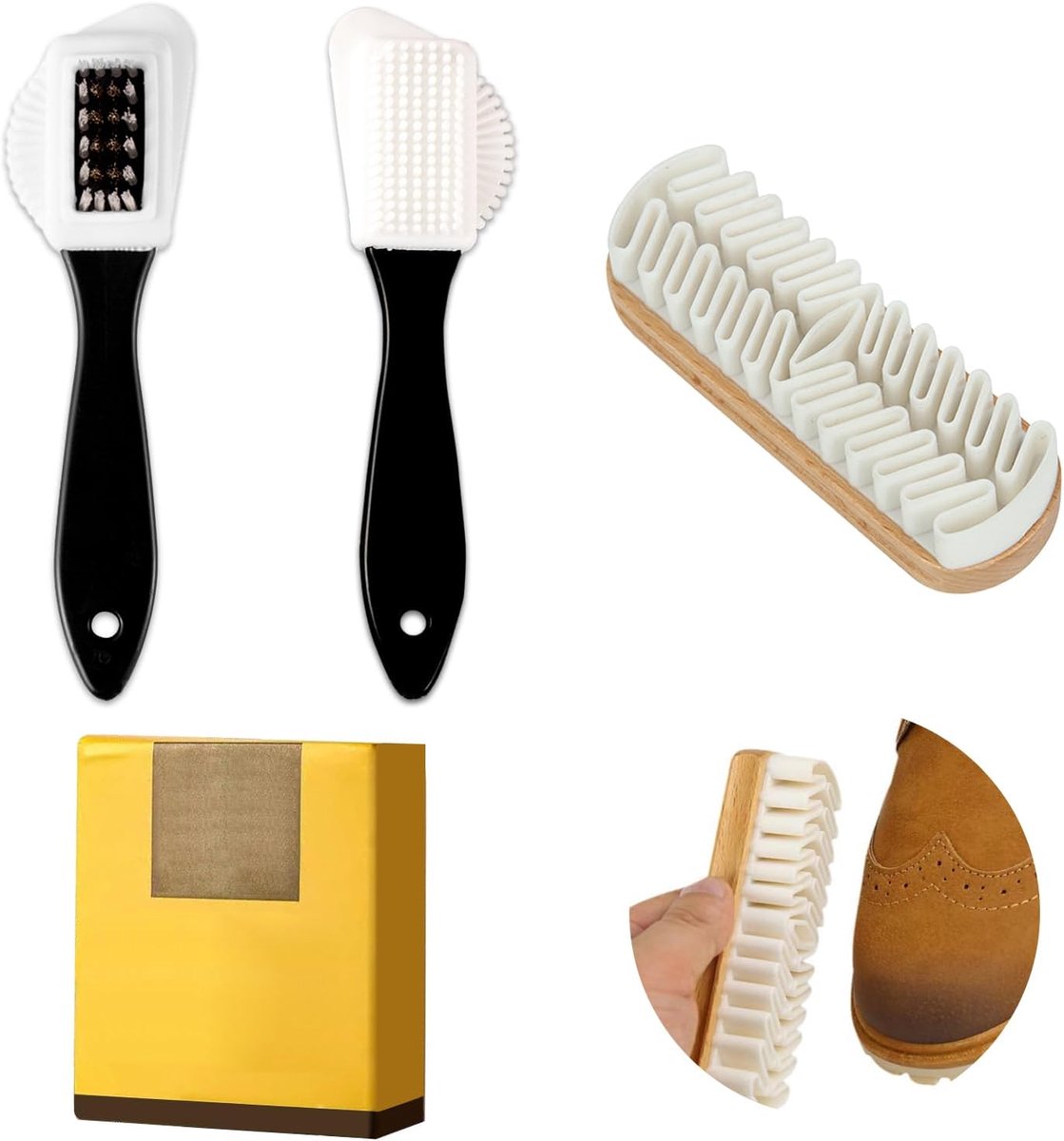 Suede borstel voor schoenen - 2x 4-zijdige borstels - reiniger en gum - ideaal voor nubuck onderhoud - ShopVlot