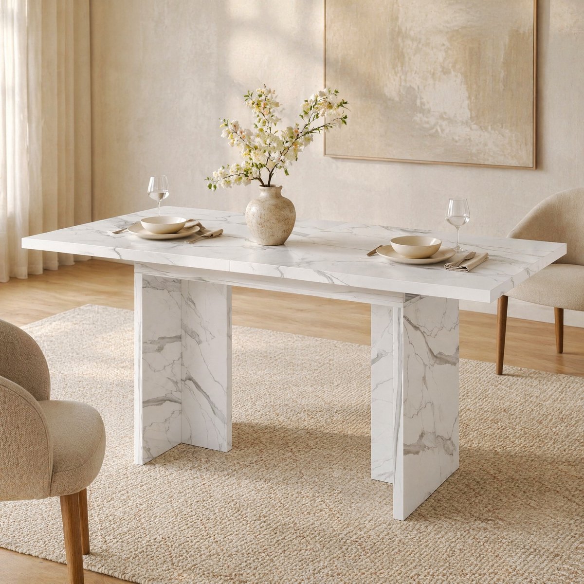 MODFU Uitrekbare Eettafel-Wit Marmer-Modern-Rechthoek-MDF-6-8 Personen