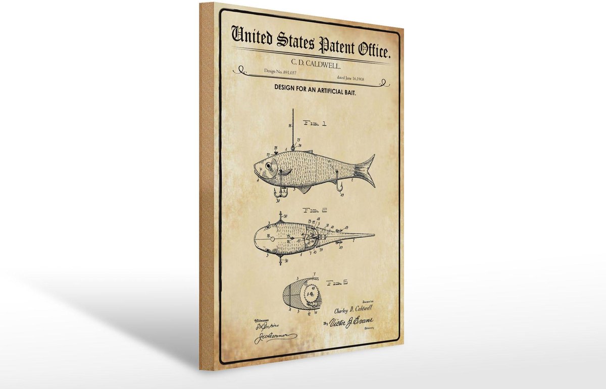 Holzschild Patent 30x40 cm Entwurf für einen Angelköder Deko Schild