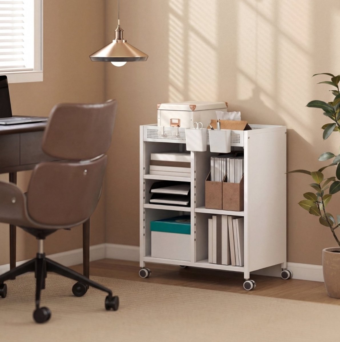 OKWISH Boekenkast – 53 x 34 x 69,5 cm – Met Wielen En Verstelbare Planken – Metaal – Wit – Open Opbergrek Voor Woonkamer En Kantoor