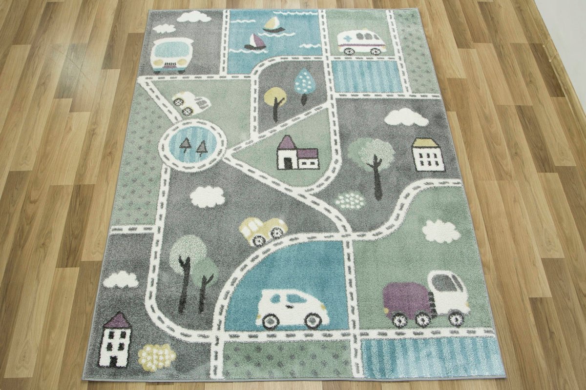 Zachte Pastel Kinderkamer Vloerkleed Lima 120x170 cm - Wegen & Huisjes