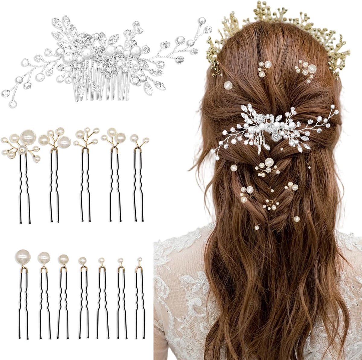 Haarspelden met kralen 12 stuks - Haarkam met kristallen parels - Elegant bruidssieraad - Perfect voor bruiloft - ShopVlot