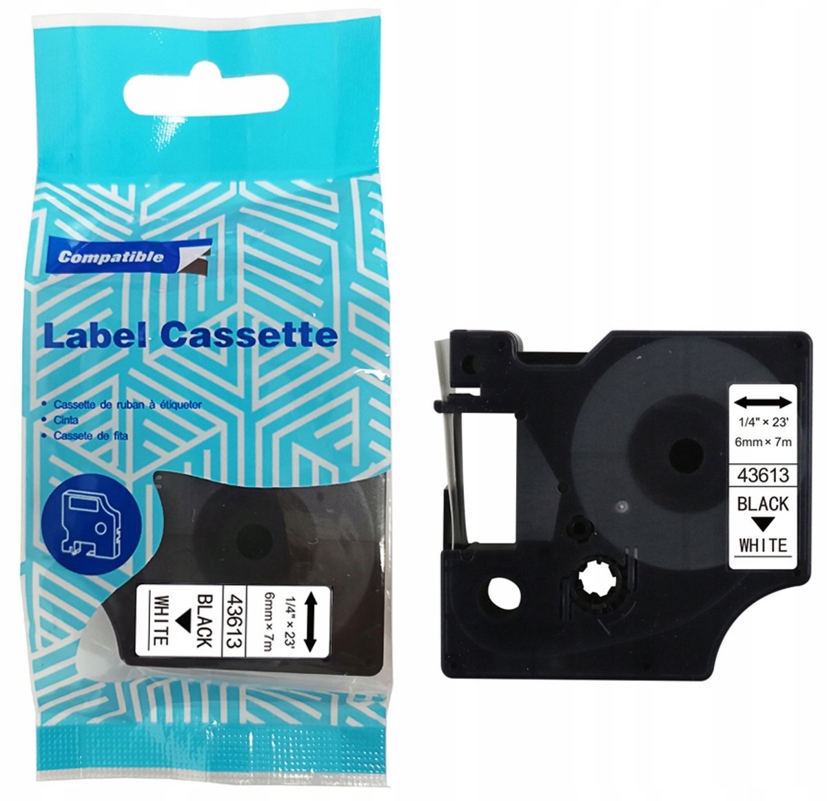 DYMO D1 43613 tape, 6 mm x 7 m, wit/zwart, compatibel met LabelManager