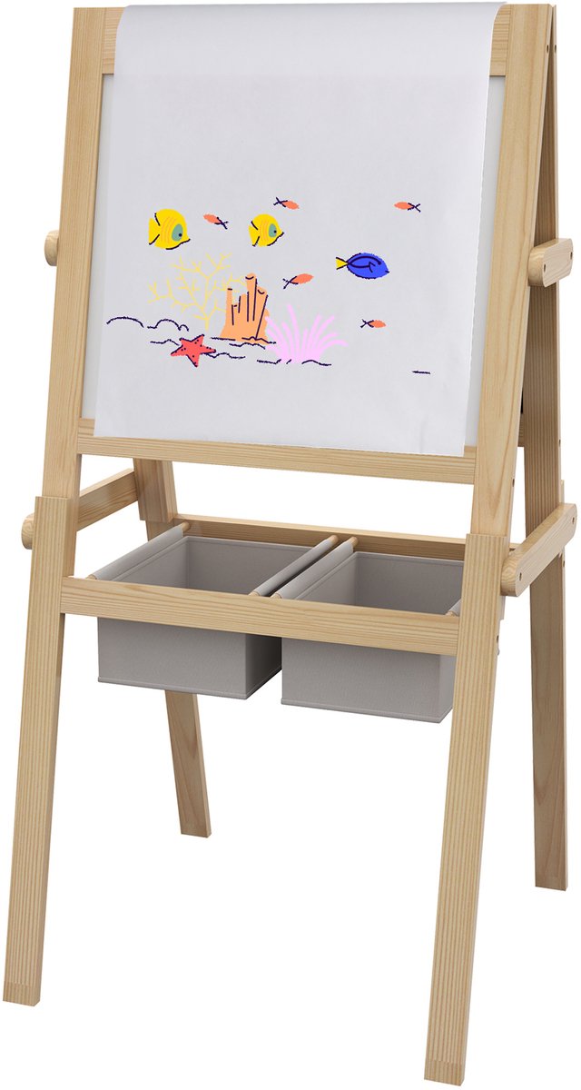 Kinder schildersezel dubbelzijdig schoolbord - whiteboard - krijtbord met papierrol - 58 x 50,5 x 109 cm - naturel
