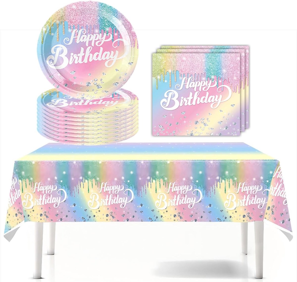 Papier borden set - diamant regenboog thema - voor verjaardagsfeest - vrolijke tafelversiering voor kinderen - ShopVlot