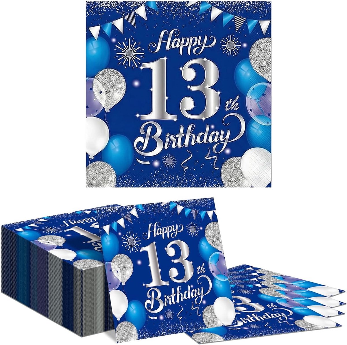 Papieren Servetten 40 stuks - Blauw-Zilver Glitter - Ballonnen en Feestelijke Versiering - ShopVlot
