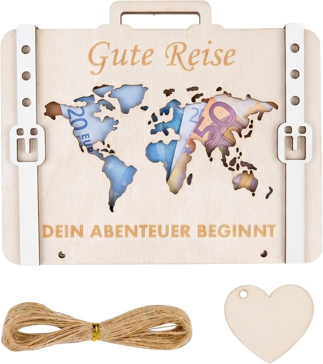 Houten geldcadeau reiskoffer - wereldkaart ontwerp - creatieve cadeaubonverpakking - ideaal voor reizigers - ShopVlot