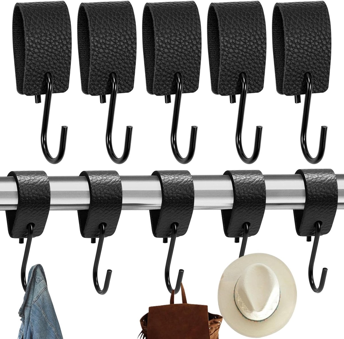 Kledinghaken S-haken 12,5 cm - Roestvrij staal zwart - Leren lus - Perfect voor garderobe en hal - ShopVlot