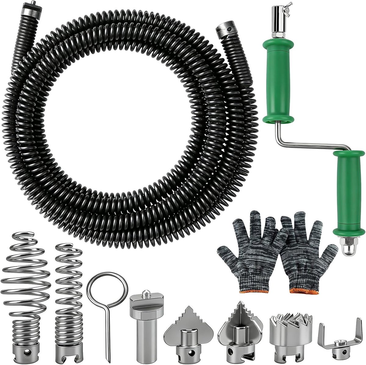 Afvoerreinigingsspiral 5 m x 12 mm - met 6 verwisselbare snijkoppen - effectief bij verstoppingen - ShopVlot