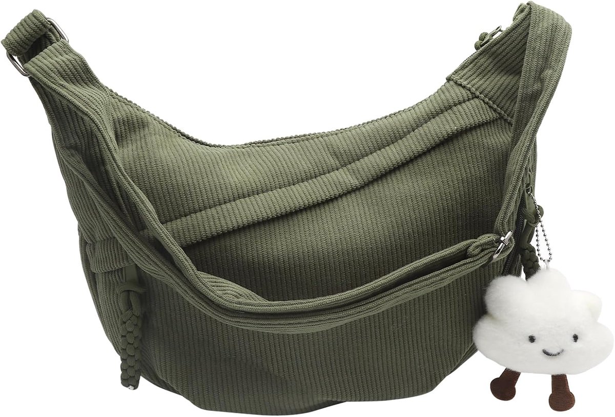 Crossbody tas dames groot - groene corduroy moon bag - schoudertas met rits - trendy en praktisch - ShopVlot