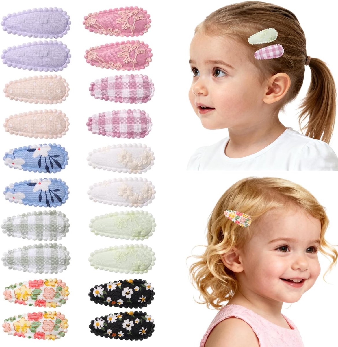 Haarklemmen peuters 20 stuks - stoffen bekleding - bloemenprint en ruitpatroon - haaraccessoires voor meisjes - ShopVlot