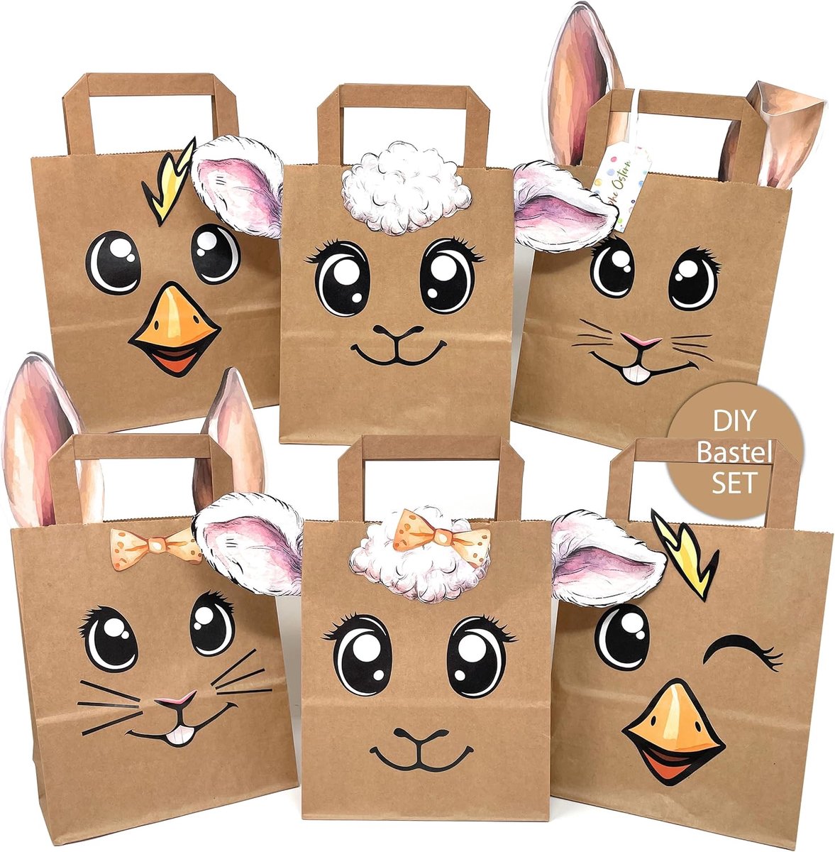 Paaszakjes XL - 6 kraftpapier zakjes - schattige diermotieven - perfect voor paascadeaus - ShopVlot