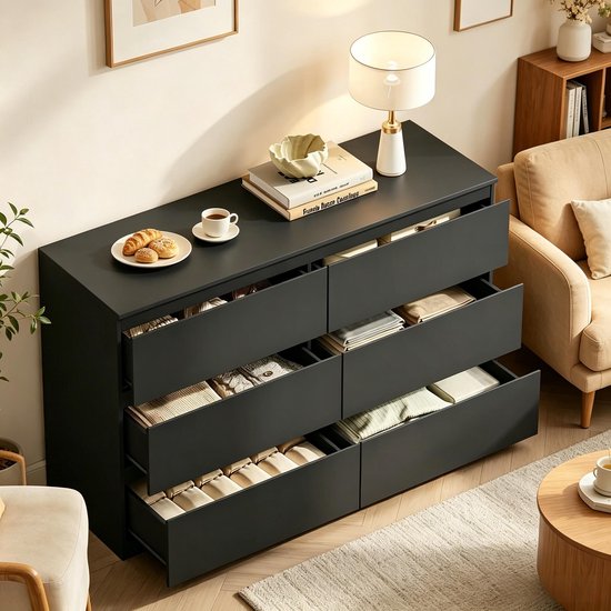 OKWISH Ladekast - 6 Greeploze Lades - Voor Slaapkamer, Woonkamer En Hal - Zwart Bewerkt Hout - Met Kantelbeveiliging - 120 Cm Breed — afbeelding 5