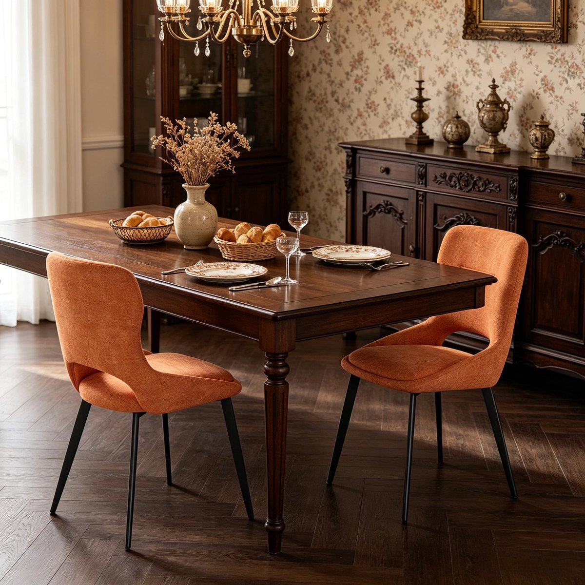 Eetkamerstoel Set Van 2 - Chenille Bekleding - Met Open Rugleuning - Voor Eetkamer En Woonkamer - Metaal - 43x40x86 Cm - Oranje
