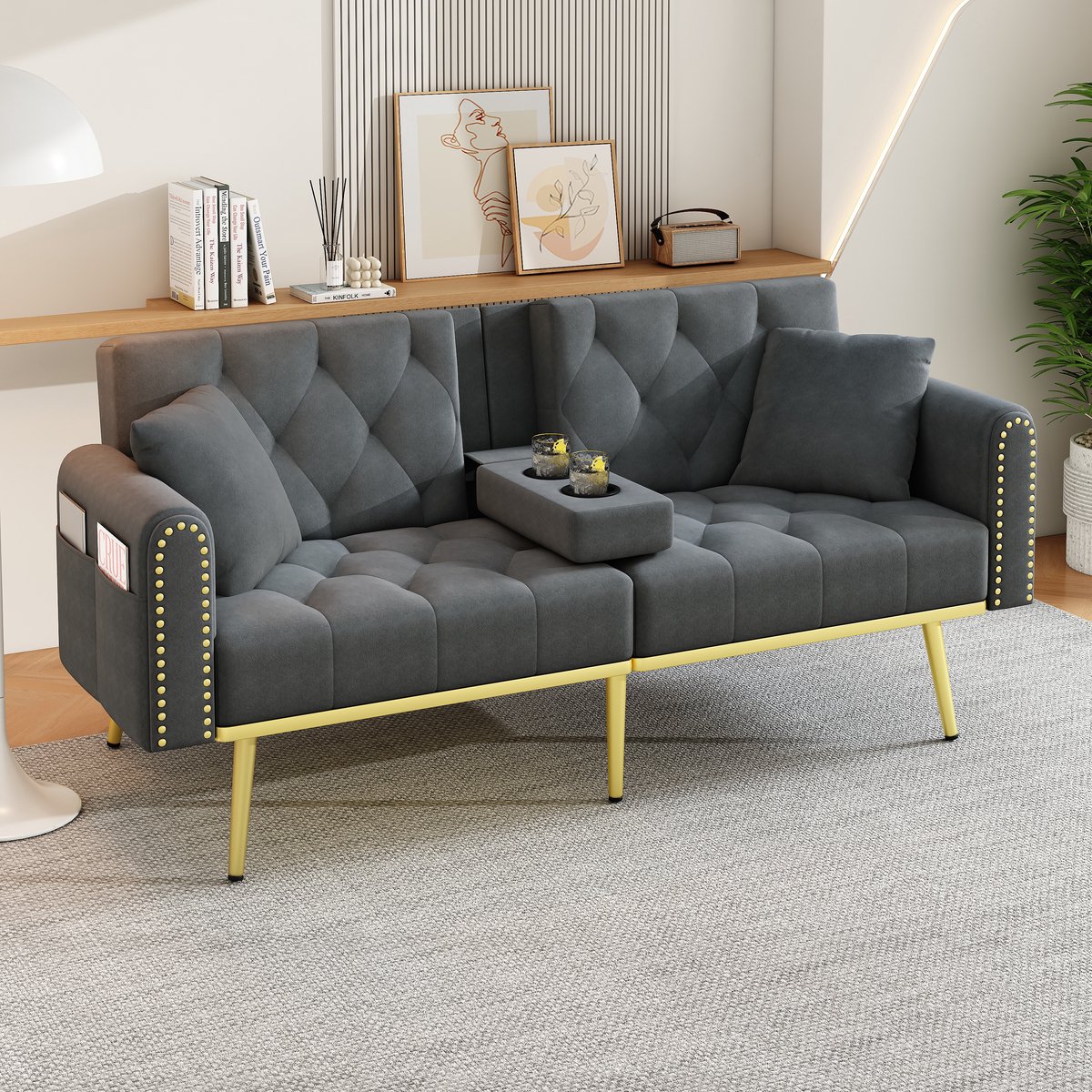 MEUNIQ slaapbank 2-zits 175 x 80 x 73,5 cm met ligfunctie, verstelbare rugleuning in 3 standen, bekerhouder, velours, grijs