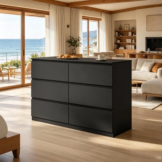 Ladekast - Zwarte Commode Met 6 Lades - Modern Design Voor Woonkamer, Slaapkamer En Hal - Hout - 120x40x75 Cm — afbeelding 5
