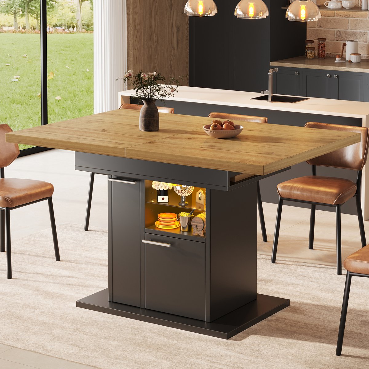 MODENUIT Eettafel - Uitschuifbaar Met Opbergruimte En LED Verlichting - Modern Voor Woonkamer En Eetkamer - MDF - Zwart - 140x80x77,2 Cm