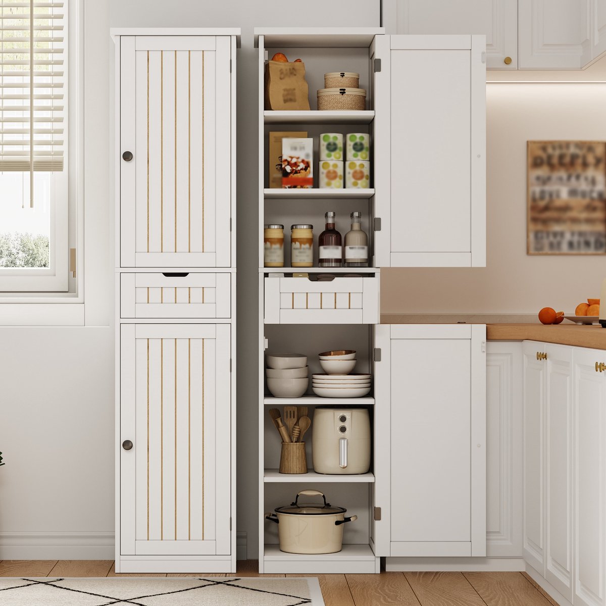 VVBV Buffetkast 40x30x170 cm - Met Spiegel, Opbergruimte, Met Lades, Met Planken - Wit, MDF