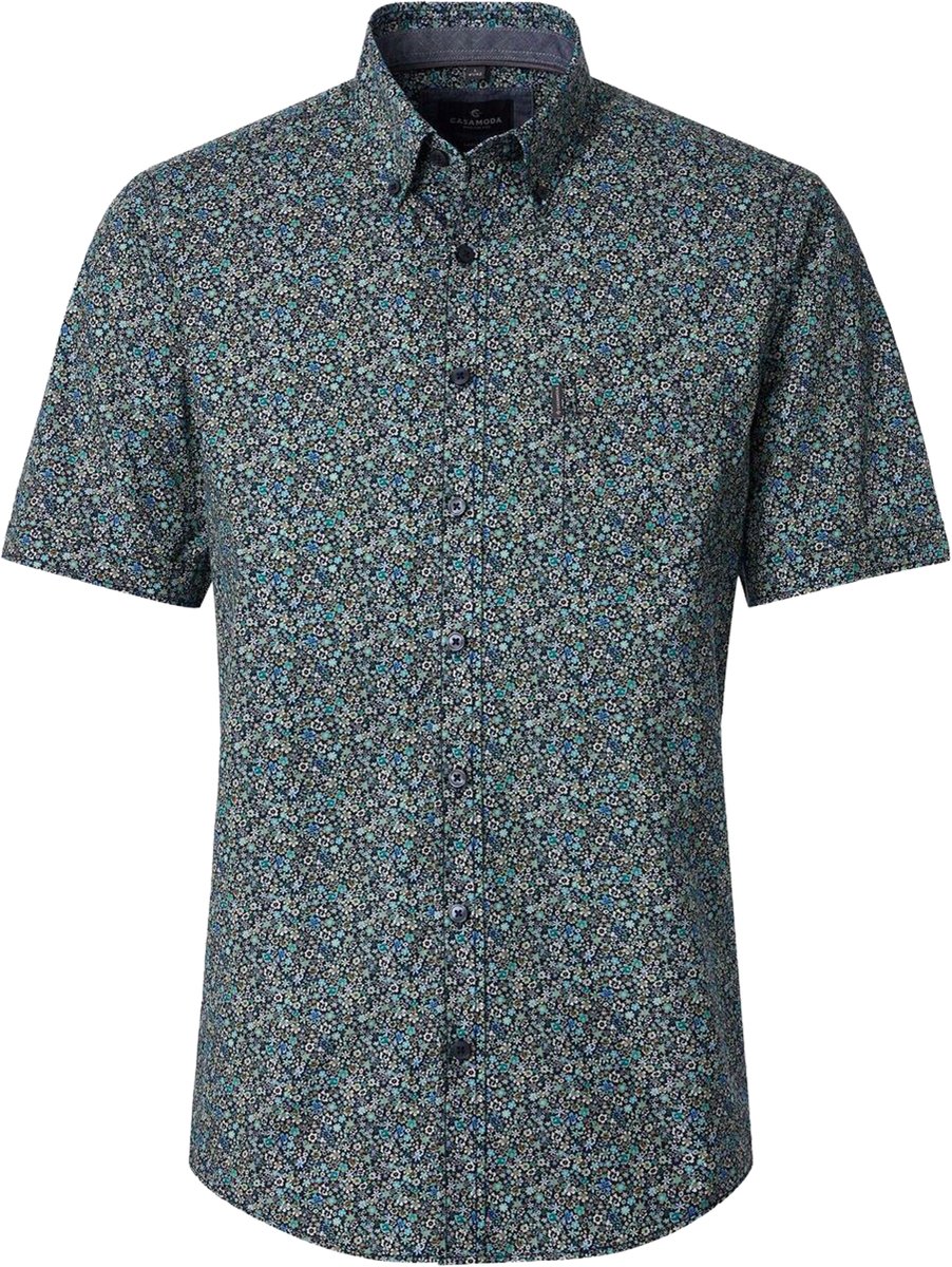 CASA MODA Sport casual fit overhemd - korte mouw - popeline - blauw met groen en grijs fijn bloemetjes dessin