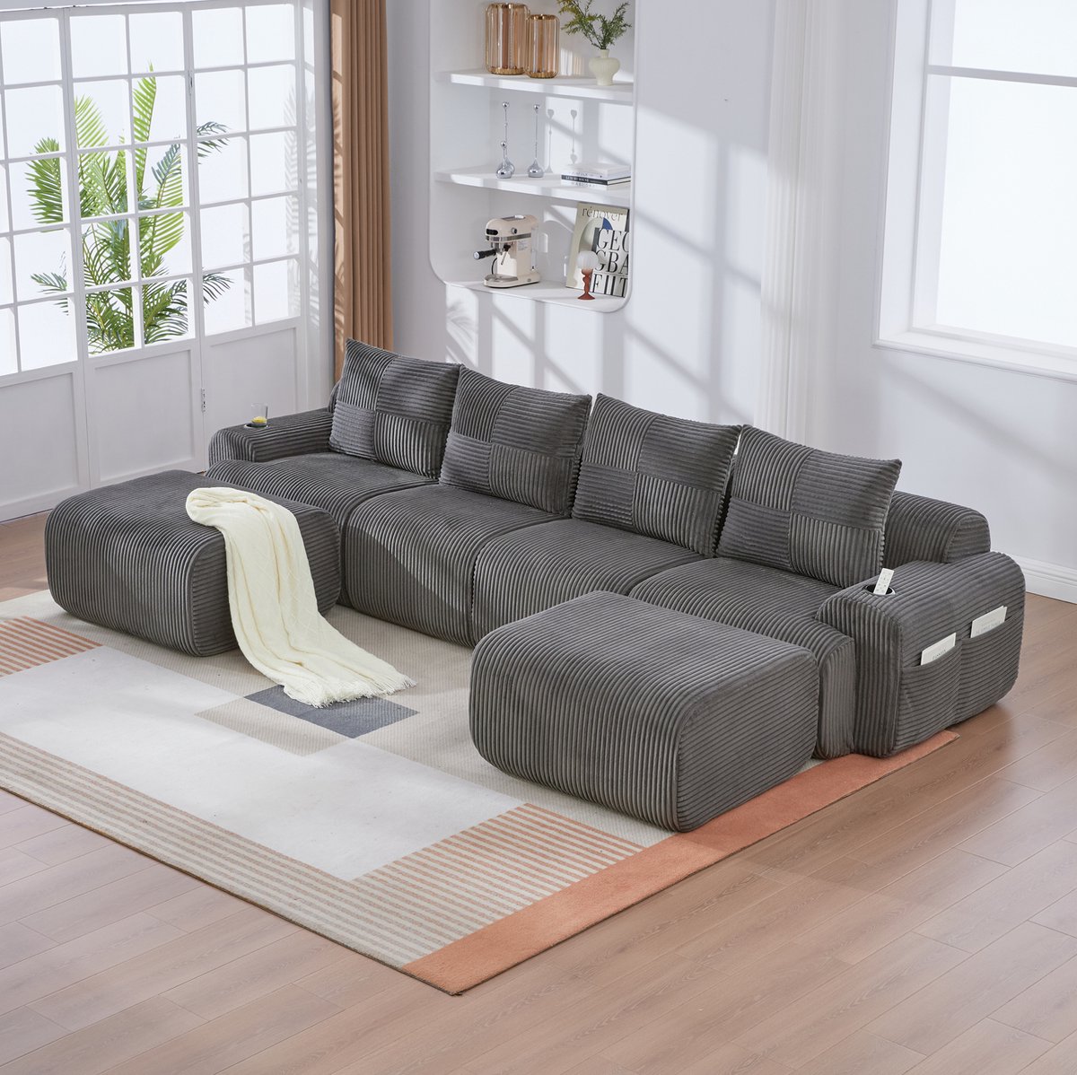 DESMIU Bank – Modulaire 4-Zits Hoekbank Set Met 2 Hockers – Met Cupholder En Opbergtas – Voor Woonkamer En Familieruimte – Corduroy – Donkergrijs